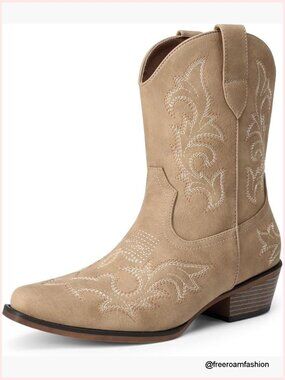 Western Cowboy Ankle Boots Square Toe Chunky Heel Booties